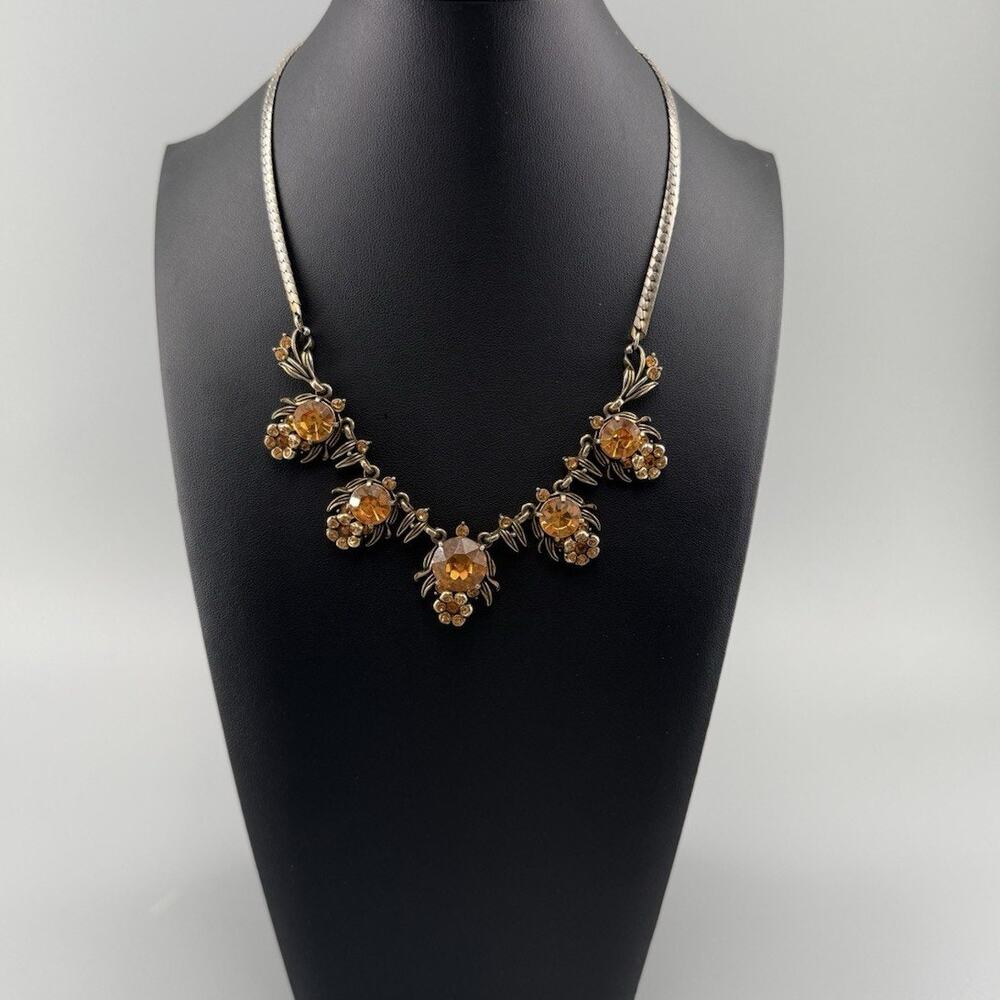 Vintage Hollycraft Amber Topaz Rhinestone Statement Necklace Gold Tone 1950s